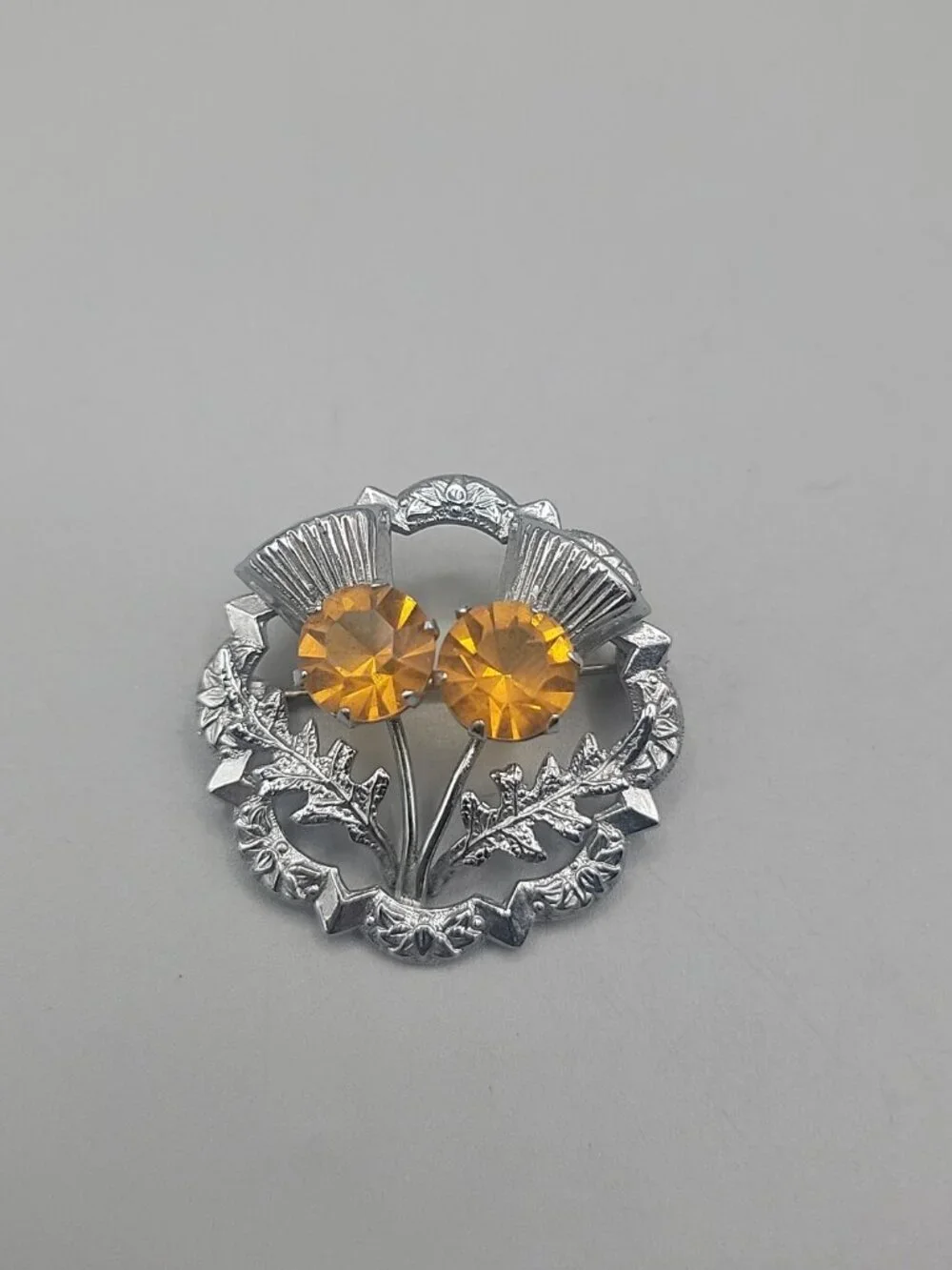 Mizpah Scottish Thistle Brooch Celtic Topaz Rhinestone Vintage Silver Tone